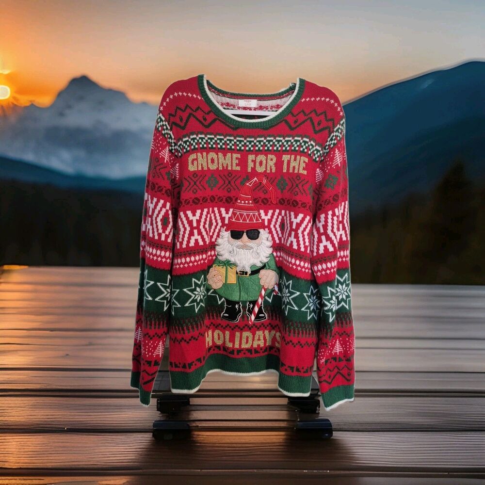 Holiday Time Men's Gnome For The Holidays Ugly Christmas Sweater Red Green XL